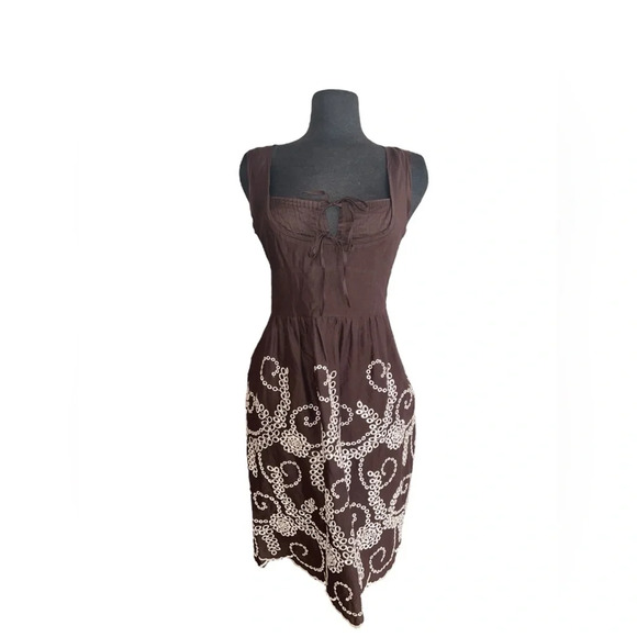 Tocca Brown Embroidered Midi Dress Tie Front | 4 - Picture 2 of 5